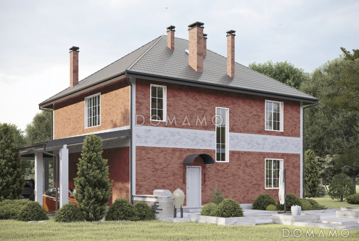 Проект дома из газобетона с эркером и навесом для автомобиля