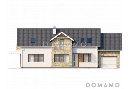 Проект мансардного дома из газобетона с гаражом, прямоугольным эркером и двумя балконами / Фасад 1
