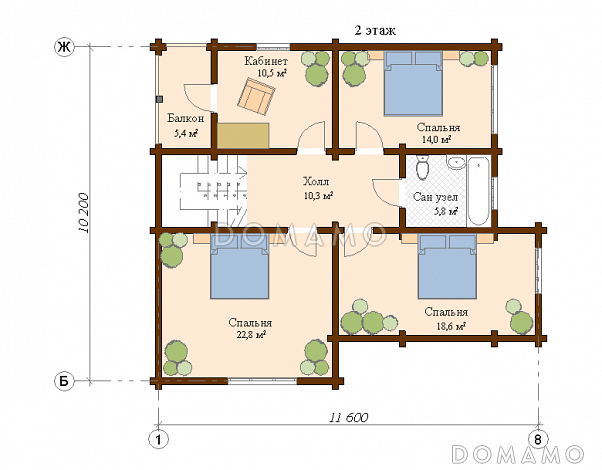 Проект деревянного дома с тремя спальнями на втором этаже и кабинетом с выходом на балкон / План мансардного этажа