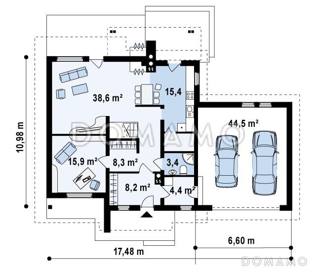 Проект одноэтажного мансардного дома из кирпича с кабинетом, тремя спальнями и гаражом / План 1 этажа