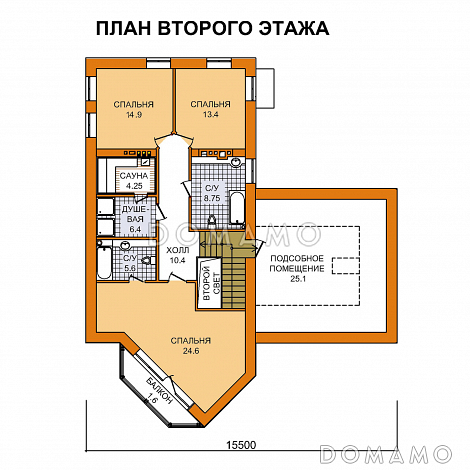 Проект дома из пеноблоков с сауной, гаражом на две машины / План 2 этажа