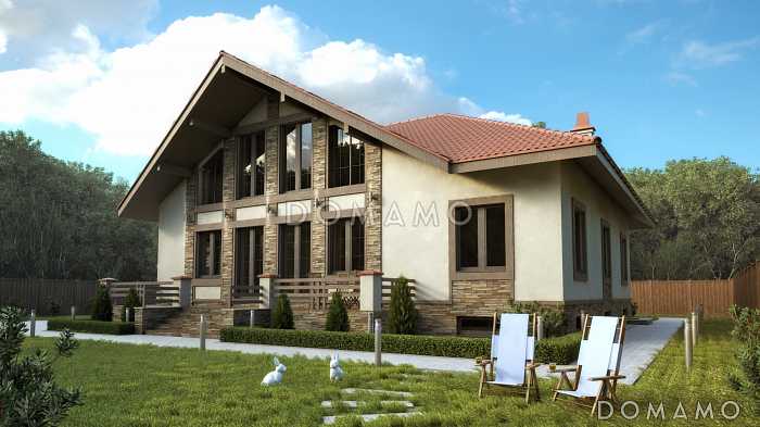 Проект большого современного дома из SIP панелей с цокольным этажом и навесом для двух автомобилей