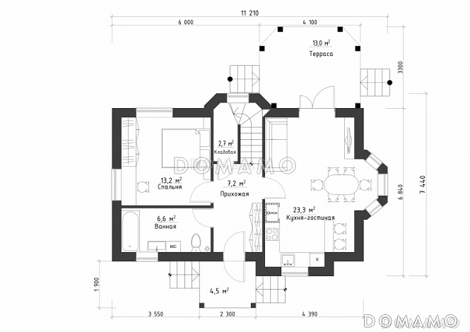 Проект небольшого дома из кирпича с большим крыльцом и эркером / План 1 этажа