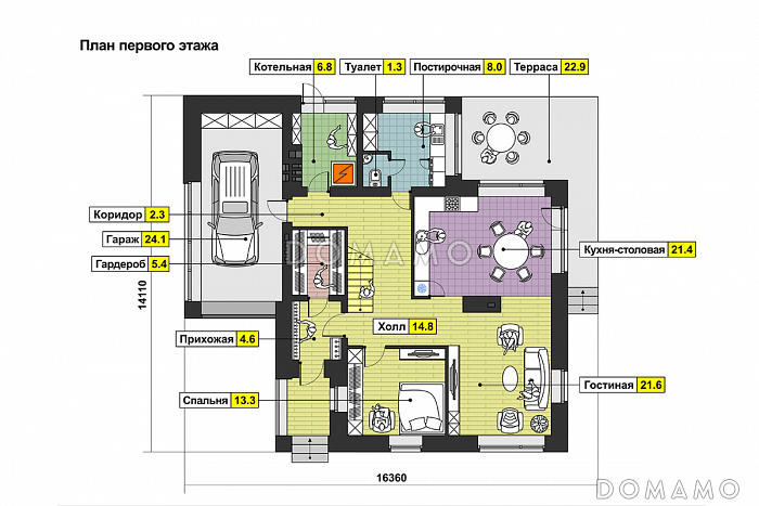 Проект кирпичного загородного дома в современном стиле с открытой террасой и гаражом  / План 1 этажа