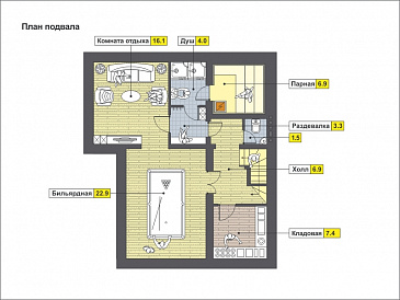 Проект дома с парной, бильярдной, навесом для машины, спальней с панорамным окном, / План цокольного этажа