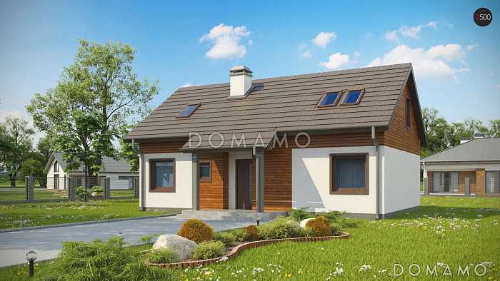 Проект мансардного дома из кирпича с острой крышей, с тремя спальнями и небольшой крытой террасой