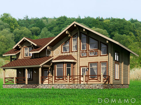 Проект двухэтажного дома из клееного бруса со вторым светом над кухней и просторной гостиной