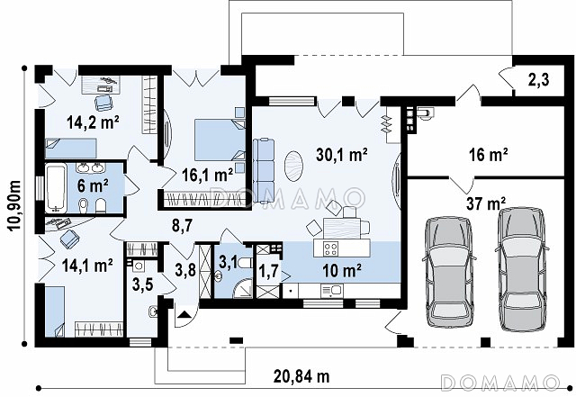 Проект просторного современного одноэтажного дома из газобетона с  тремя спальнями и гаражом с двумя отдельными въездами / План 1 этажа
