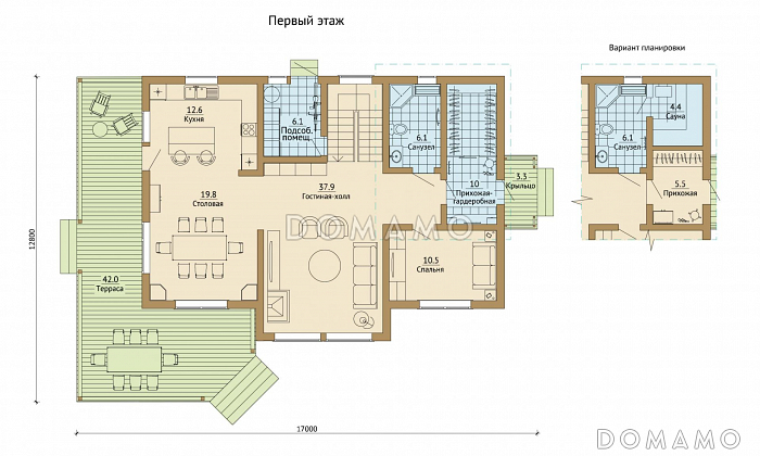 Проект каркасного дома с огромной крытой террасой / План 1 этажа