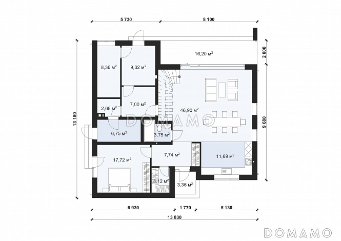 Проект современного дома с плоской кровлей в стиле Хай-Тек S-219-1 / План 1 этажа
