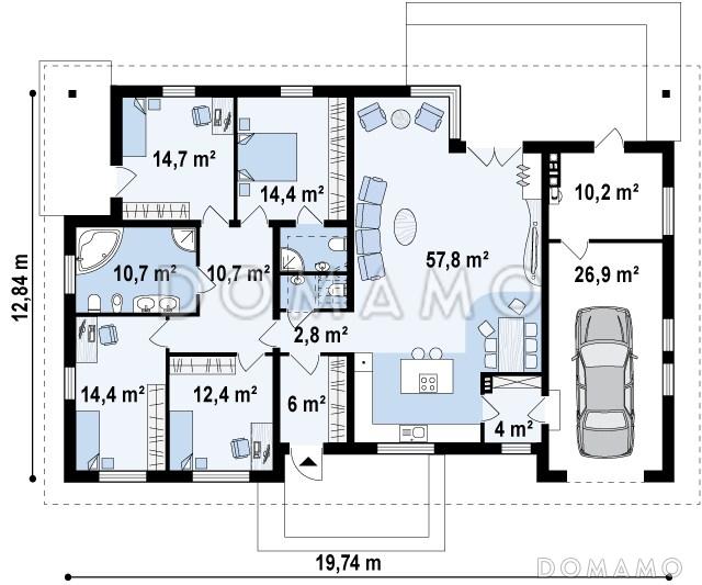 Проект просторного одноэтажного дома из газобетона со встроенным гаражом  / План 1 этажа