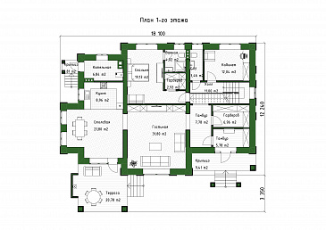 Проект большого дома с 5 спальнями, кабинетом и просторной гостиной / План 1 этажа
