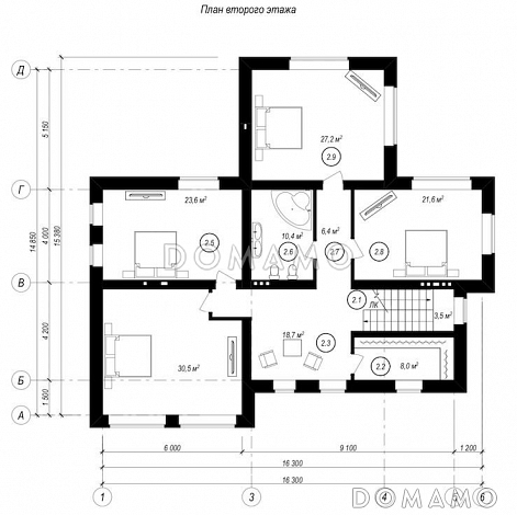 Проект особняка с цокольным этажом, гаражом на две машины, пятью спальнями и террасой с барбекю / План 2 этажа