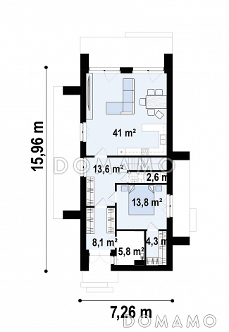 Проект загородного дома с комнатой и гардеробом на первом этаже, тремя спальнями на мансарде, просторной обеденной зоной / План 1 этажа