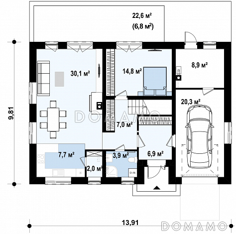 Проект одноэтажного мансардного дома из кирпича простой формы с кабинетом и встроенным гаражом / План 1 этажа