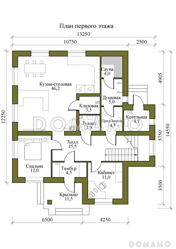 Проект двухэтажного дома с сауной и пятью спальнями / План 1 этажа