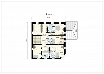 Проект дома с входом с угла здания, террасами, кладовой в кухне, сауной, хозяйской спальней и детскими / План 2 этажа