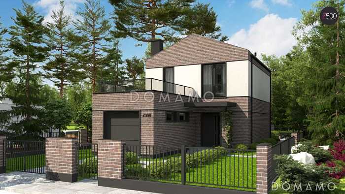 Проект двухэтажного дома из газобетона с фронтальным гаражом для узкого участка