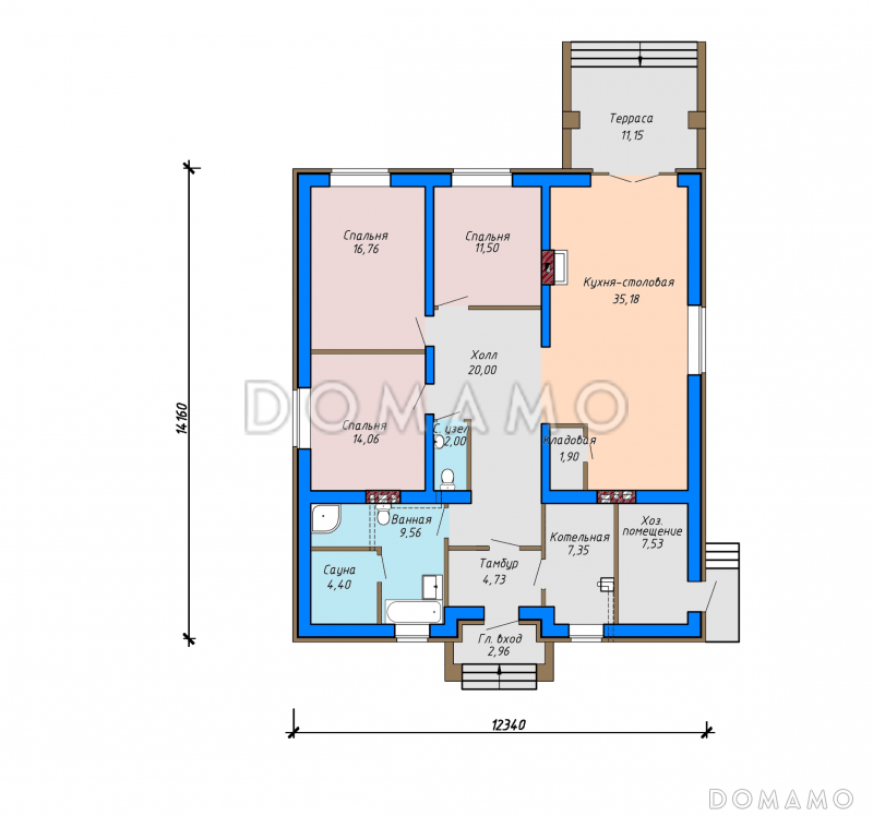 Проект одноэтажного дома с террасой, кладовой в большой кухне-столовой, сауной / План 1 этажа