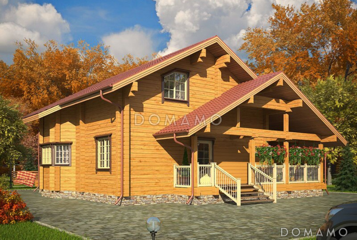 Проект дома из клееного бруса с просторной гэобразной крытой террасой