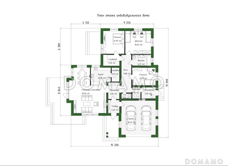 Проект дома из газобетона с двухместным гаражом и двумя террасами / План 1 этажа