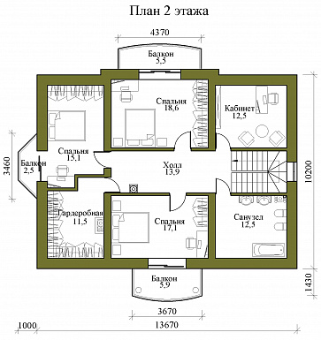 Проект двухэтажного газобетонного дома с тремя балконами, округлыми террасой и крыльцом / План 2 этажа