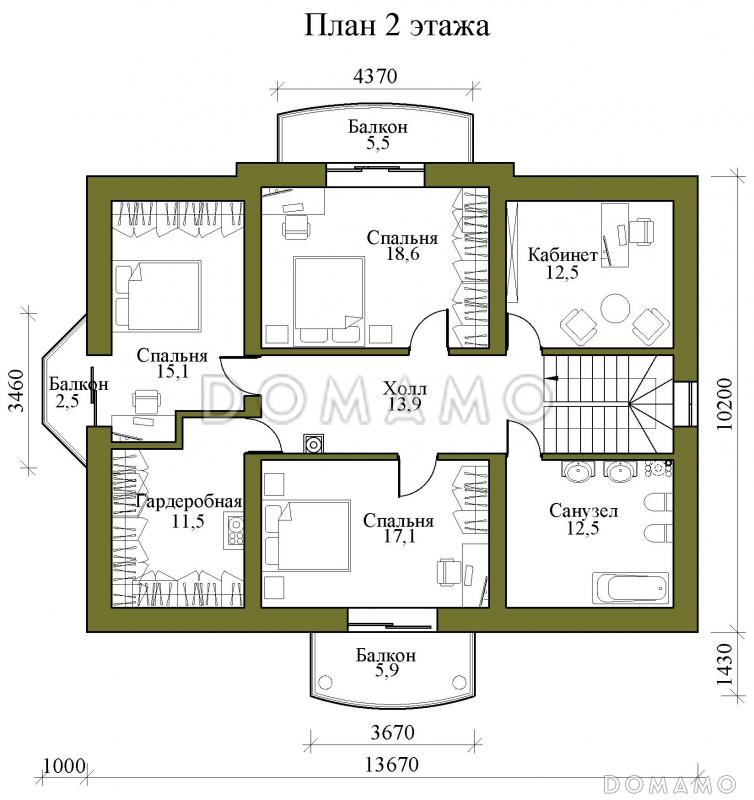 Проект двухэтажного газобетонного дома с тремя балконами, округлыми террасой и крыльцом / План 2 этажа