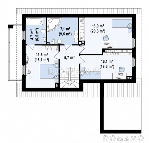 Проект одноэтажного мансардного дома из газобетона с балконом и с фронтальным пристроенным гаражом / План мансардного этажа