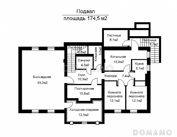 Проект загородного дома с большой бильярдной / План цокольного этажа