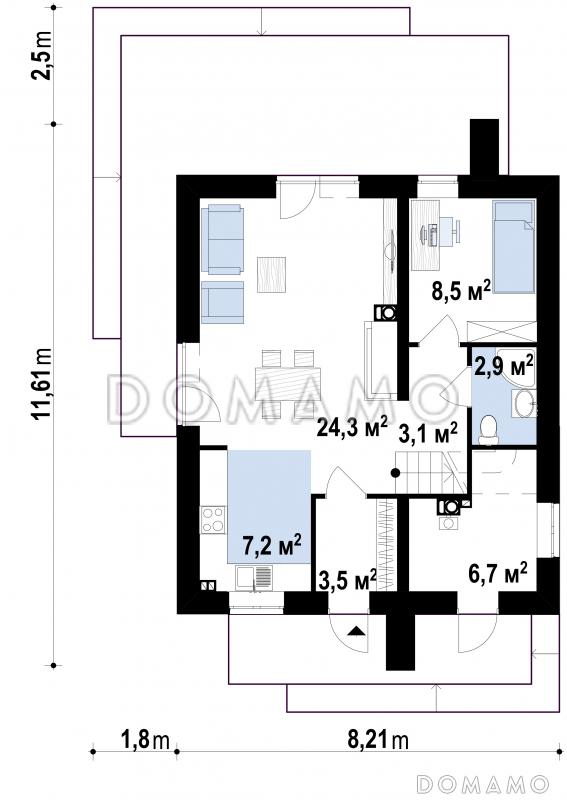 Проект компактного двухэтажного дома из кирпича современного дизайна / План 1 этажа