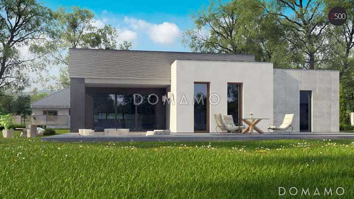 Проект современного одноэтажного дома из кирпича с плоской крышей с тремя спальнями, частично крытой террасой и одноместным гаражом