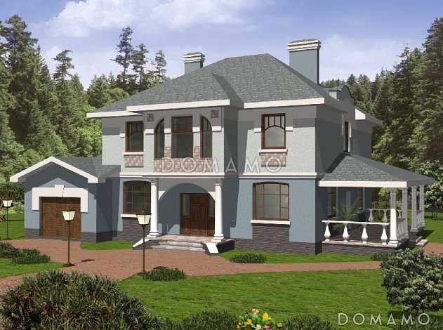 Проект двухэтажного дома с колоннами и гаражом