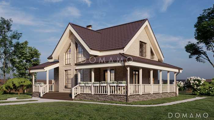 Проект двухэтажного кирпичного дома со вторым светом, просторной крытой террасой и сауной