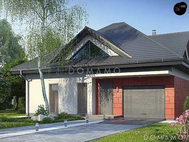 Проект одноэтажного мансардного коттеджа из газобетона с большой площадью остекления в гостиной, кабинетом и гаражом, для сейсмических районов 