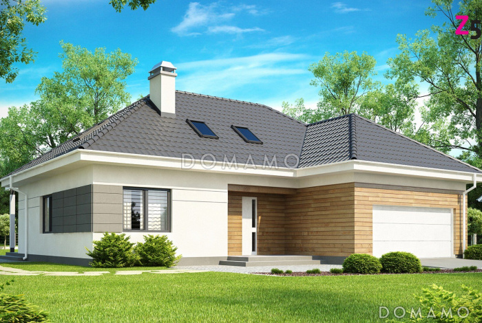 Проект одноэтажного мансардного дома из кирпича с гостевой спальней и кабинетом на первом этаже и встроенным гаражом