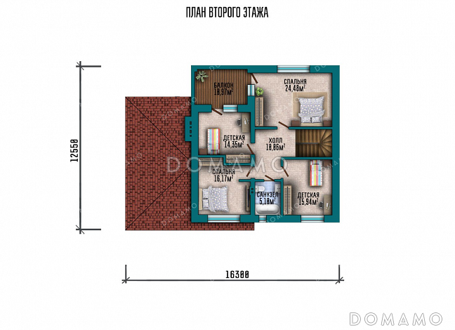Проект двухэтажного дома с террасой, гаражом и балконом / План 2 этажа