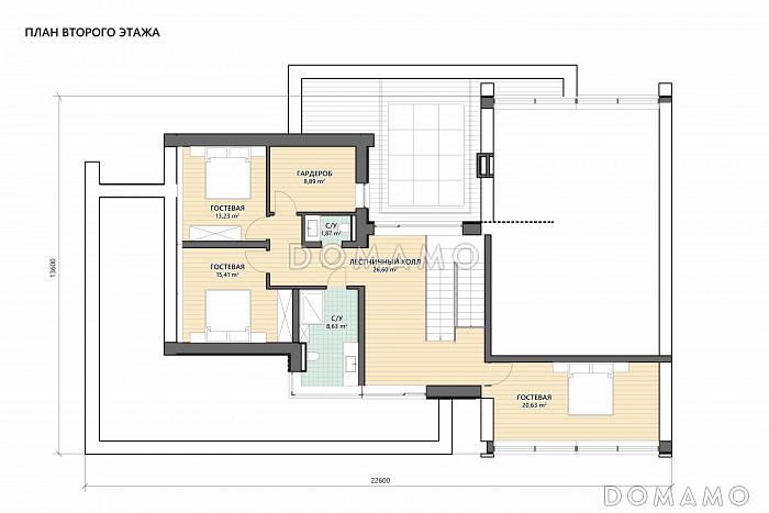 Проект дома с просторной дневной зоной, 4 спальнями, бассейном, сауной и джакузи на террасе / План 2 этажа