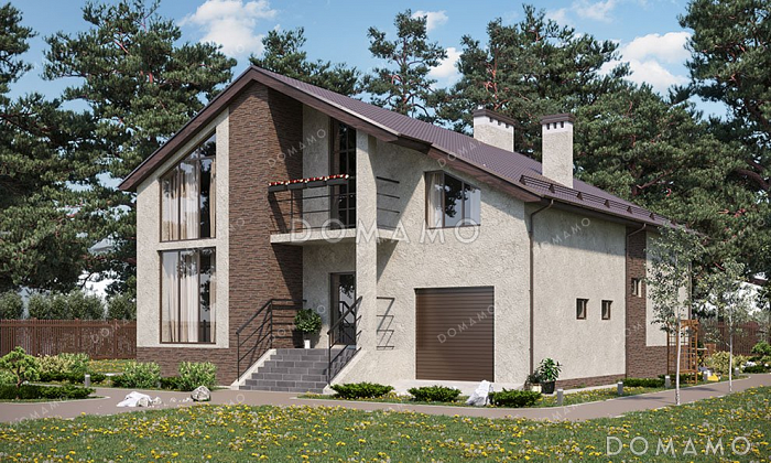 Проект одноэтажного дома с мансардой, большой террасой и гаражом