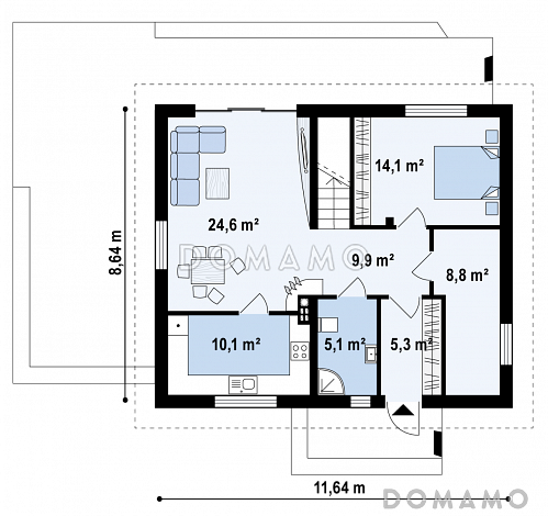 Проект одноэтажного дома из газобетона с оригинальной открытой террасой по периметру и с жилой мансардой / План 1 этажа