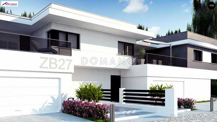 Проект современного комфортного двухэтажного дома из газобетона для двух семей с общим гаражом