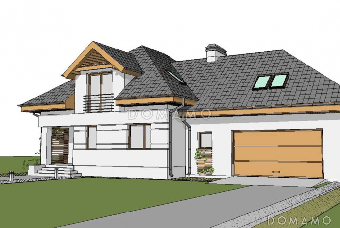 Проект одноэтажного мансардного дома из кирпича с кабинетом, гаражом на два автомобиля и комнатой над гаражом