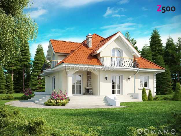 Проект одноэтажного мансардного дома для каркасного строительства с двумя балконами и барбекю на террасой