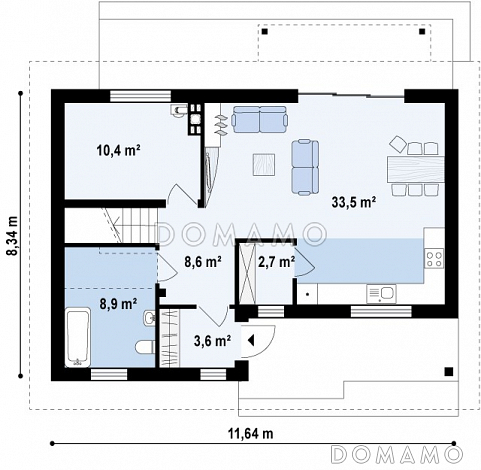 Проект одноэтажного мансардного дома из газобетона с большим техническим помещением и тремя спальнями / План 1 этажа