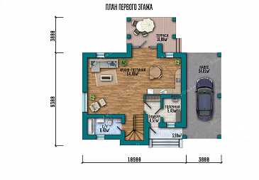 Проект дома с мансардой, светлым панорамным окном на два этажа и навесом для автомобиля / План 1 этажа