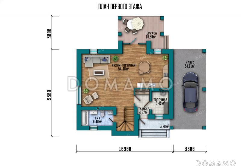 Проект дома с мансардой, светлым панорамным окном на два этажа и навесом для автомобиля / План 1 этажа