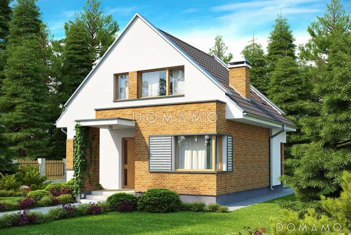 Проект небольшого одноэтажного мансардного дома из кирпича с изолированной кухней и открытой террасой 