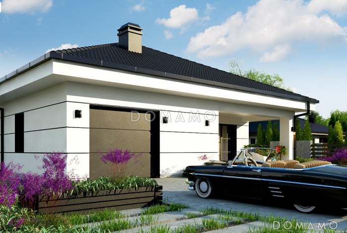 Проект одноэтажного дома из кирпича с тремя спальнями, гаражом и угловой крытой террасой