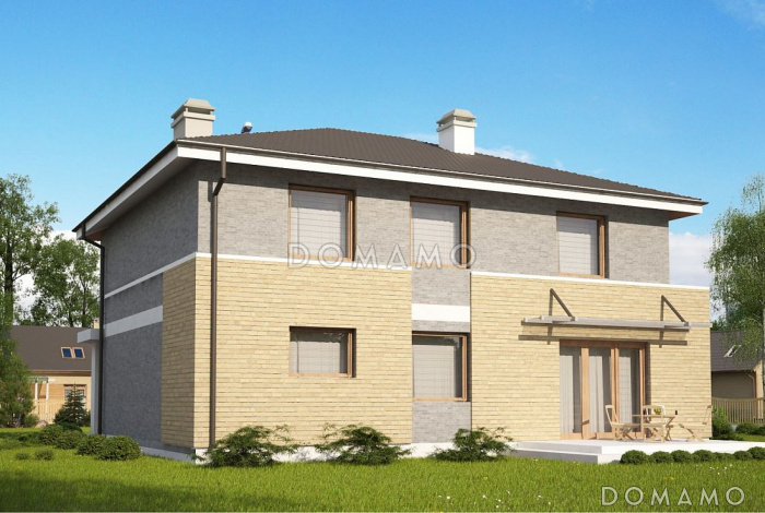 Проект двухэтажного дома из кирпича с четырьмя комнатами, с кирпичной облицовкой