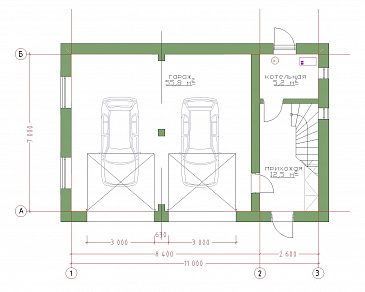 Проект гаража на 2 машины с котельной и  мансардой / План 1 этажа