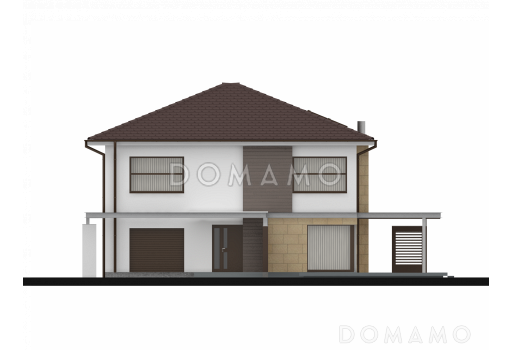 Проект простого комфортного двухэтажного дома из газобетона с тремя спальнями, вторым светом и гаражом / Фасад 2